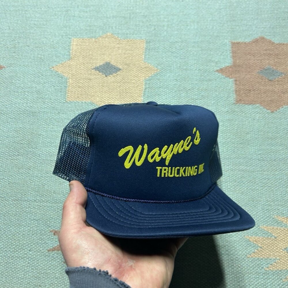 Vintage trucker hat mesh cap Wayne’s trucking inc blue yellow snap adjustable
